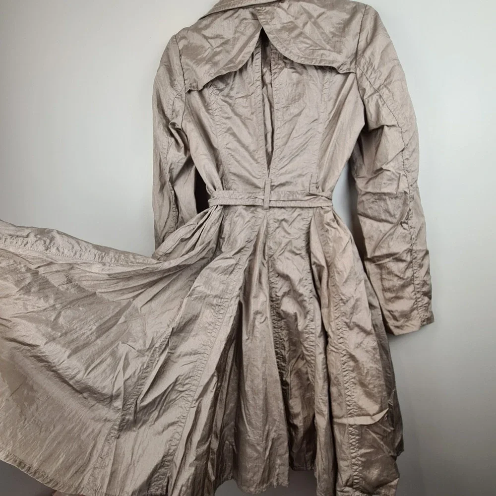 VTG Y2K Forever 21 Trench Coat Dress Double Breasted Shimmer Beige M Belted‎